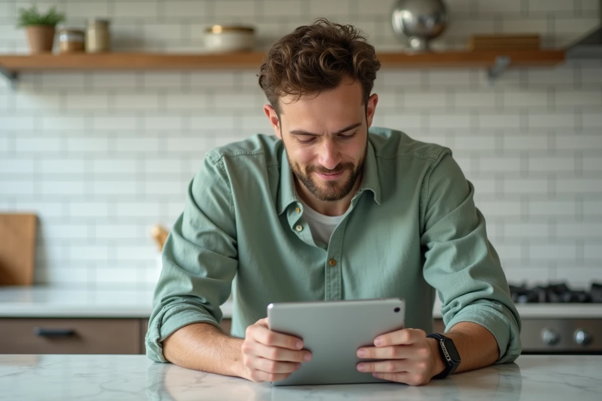 Jeune homme consultant sa stratégie de contenu sur une tablette dans une cuisine moderne et épurée