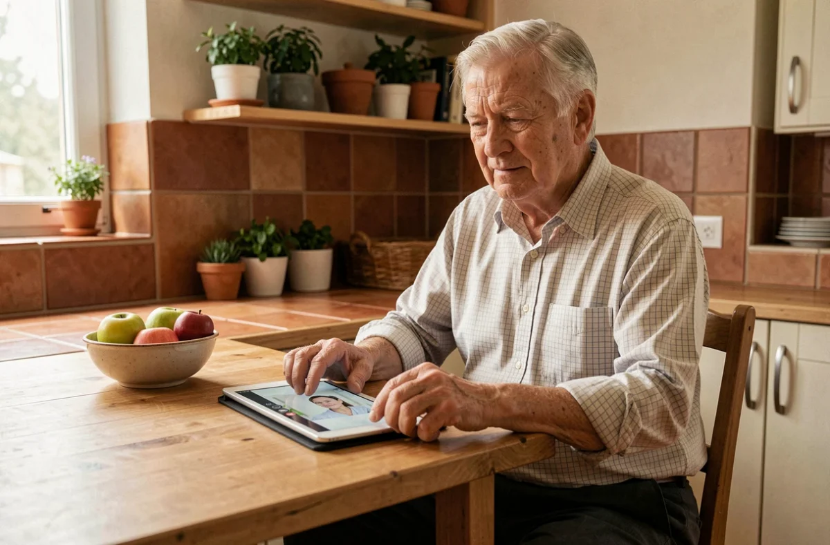 Personne âgée consultant un coordinateur de soins à distance via tablette depuis son domicile