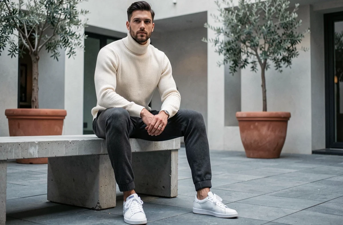 Homme en tenue lifestyle moderne assis dans une cour urbaine minimaliste avec architecture en béton