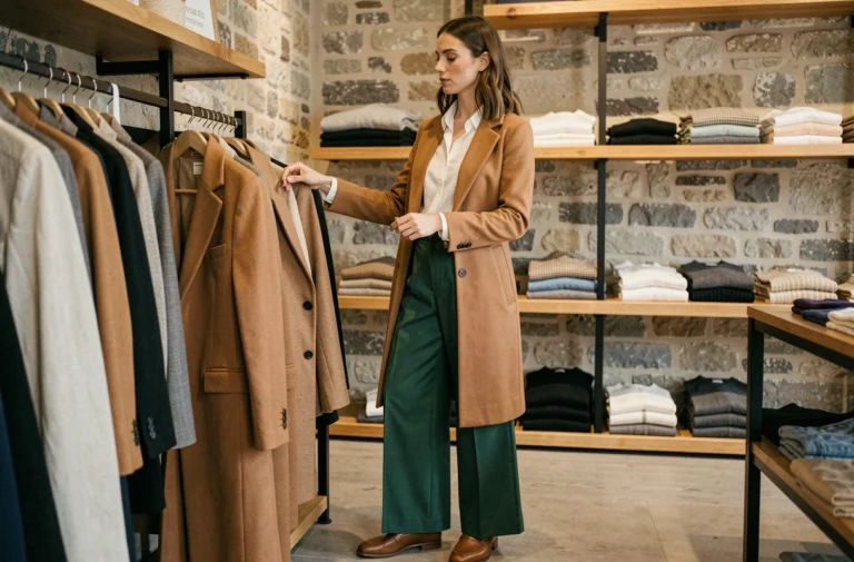 Femme élégante en manteau camel parcourant les rayons d'une boutique de mode parisienne aux murs en pierre