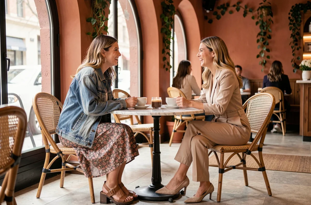Deux femmes tendance discutant autour d'un café dans un intérieur de café parisien avec fenêtres en arche