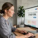 Développeuse web féminine analysant les dernières tendances de design de site internet sur un écran ultrawide dans un bureau moderne