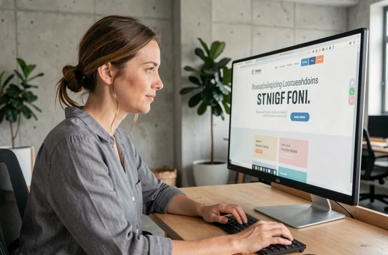 Développeuse web féminine analysant les dernières tendances de design de site internet sur un écran ultrawide dans un bureau moderne