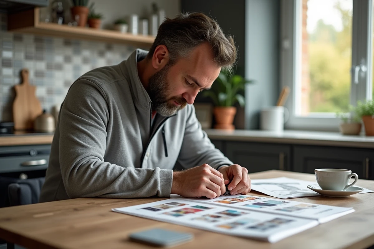 Homme triant et classant ses vignettes Armor Lux dans un carnet de collection à la maison