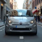 Voiture compacte moderne de 90 chevaux garée en ville, vue 3/4 avant sur rue urbaine