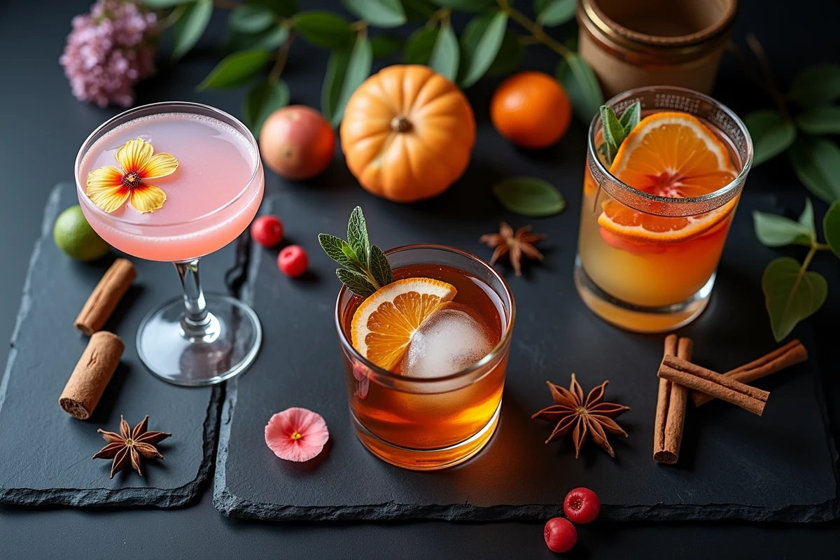 Vue aérienne de trois cocktails élaborés avec garnitures botaniques sur une surface en ardoise noire