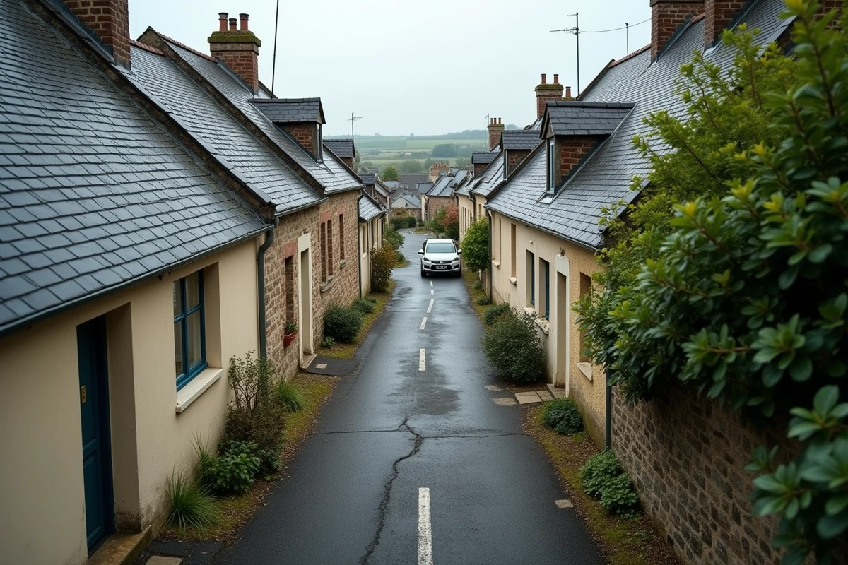 Vue en hauteur d'une impasse résidentielle dans un village de l'Aube, maisons mitoyennes et voirie étroite en fin de voie