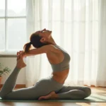 Femme pratiquant le yoga à domicile dans un intérieur minimaliste, illustrant les habitudes de santé quotidiennes